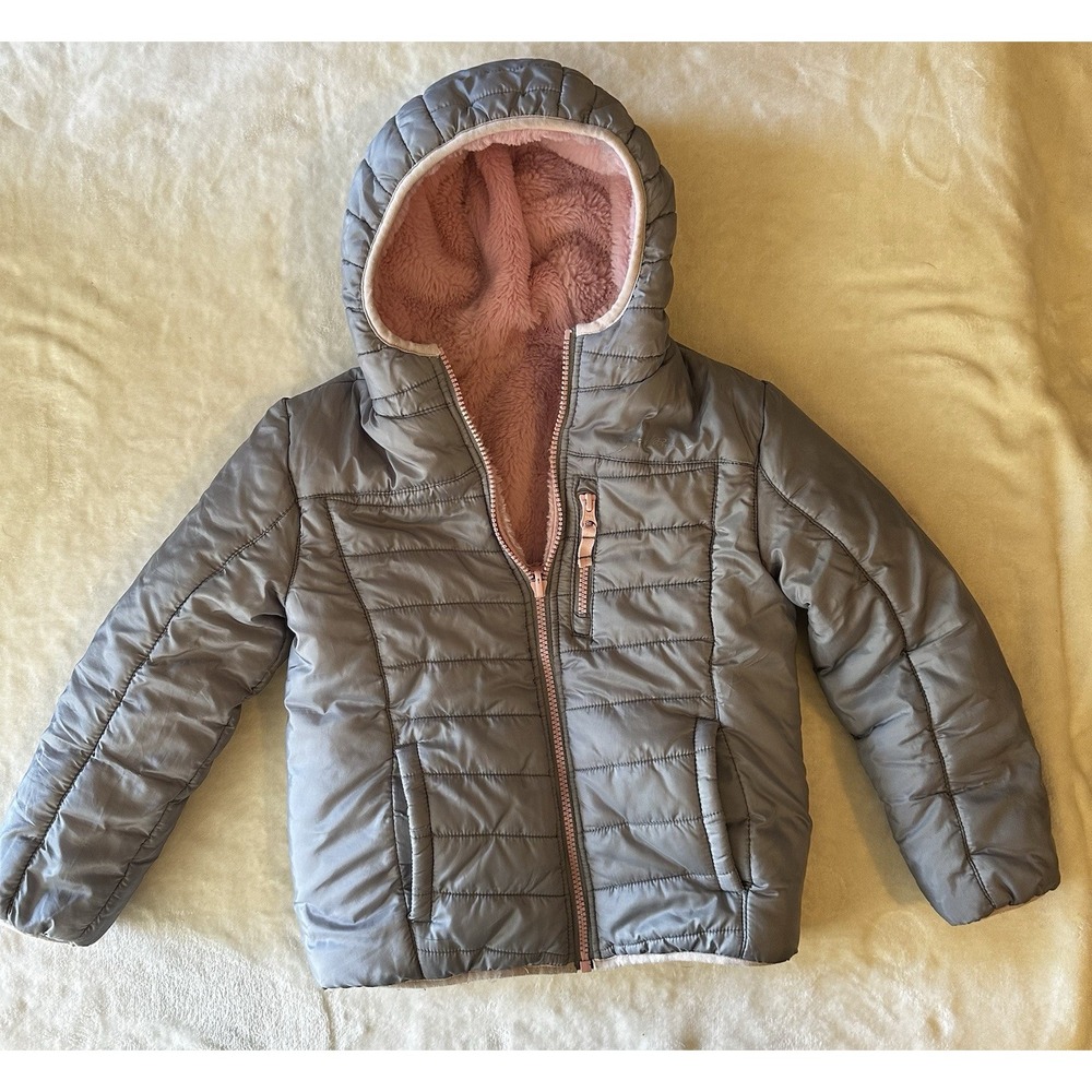 Eddie Bauer Girl Kid XS 5/6 Fleece Lined Hood Puffer Jacket Pink Gray Reversible